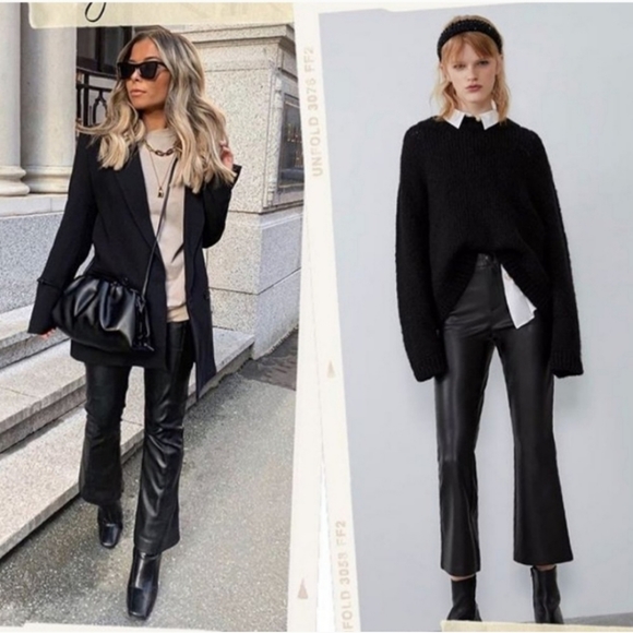 ZARA * FLARED FAUX LEATHER  PANTS BLACK Cropped Size M L XL - Picture 3 of 13